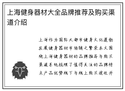 上海健身器材大全品牌推荐及购买渠道介绍