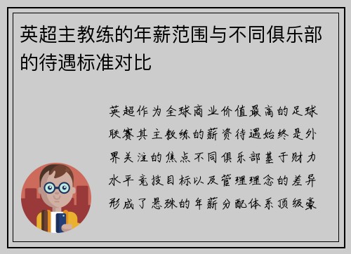 英超主教练的年薪范围与不同俱乐部的待遇标准对比